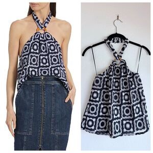 NWT Ramy Brook Bessie Crochet O-Ring Halter Top in Spring Navy Size Small